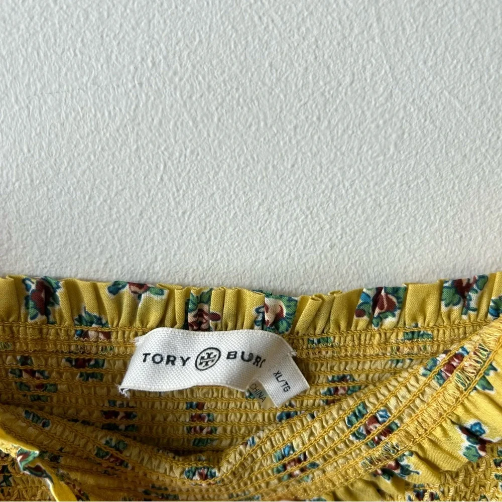 Tory Burch 100% Cotton Smocked Cotton-Voile Skirt Dress Yellow Garden Rose XL